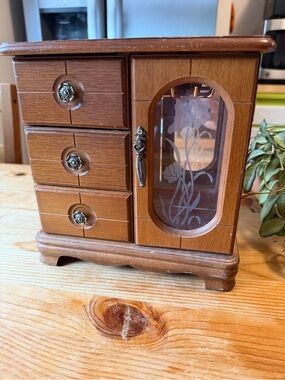 Vintage Wooden Jewelry Cabinet with Floral Glass Door